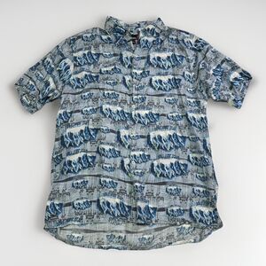 VTG Utopia Men’s 100% Silk Short Sleeve Button Up Shirt L – Surfer Wave Blue